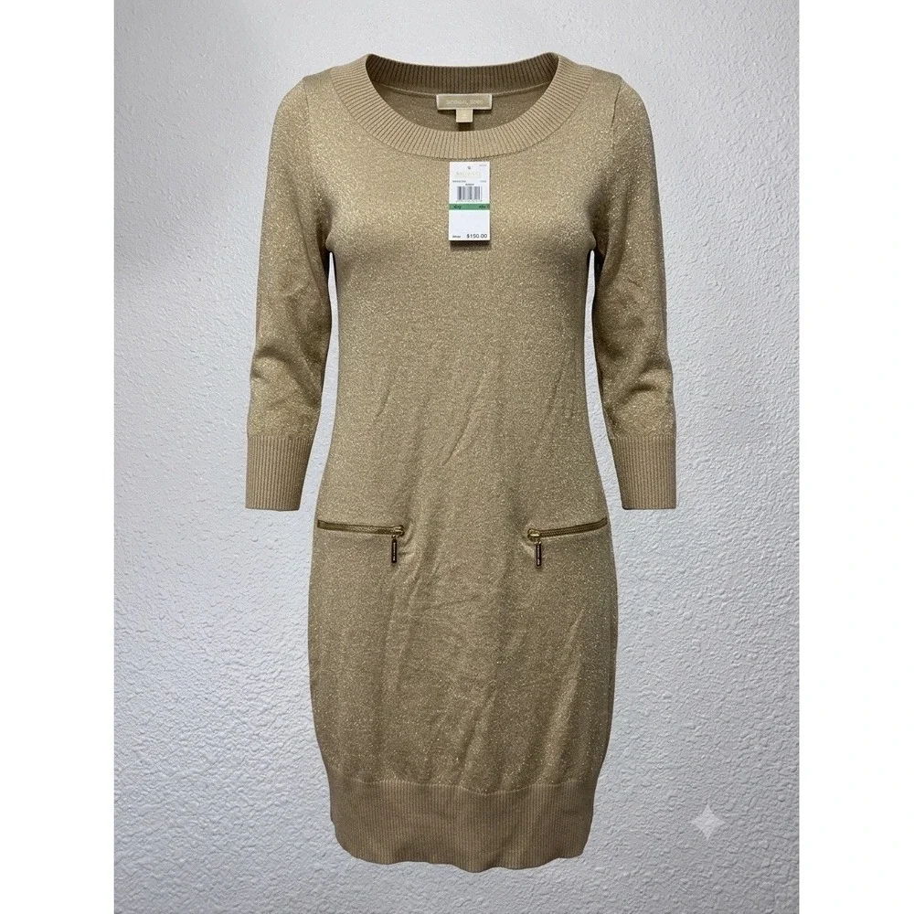 MK Michael Kors Dress L Sweater Womens Dressy Gold Designer Luxury New